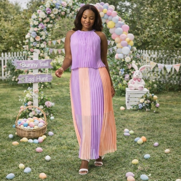 Cato Dresses & Skirts - Cato Maxi Dress Womens 18-20 Peach Lavender Halter Neck Pleated Layered Lined